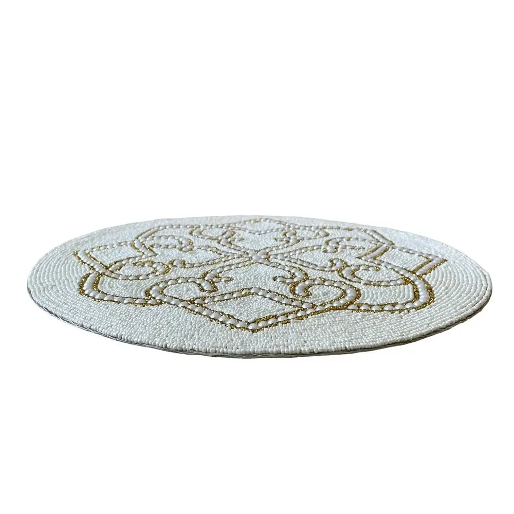 TIRAMISU Handmade Beaded 15in Round Placemat Charger Glam White & Gold NEW